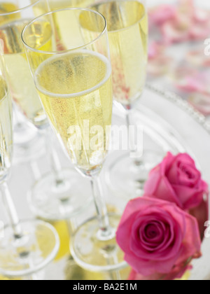 Champagne Glasses On A Silver Platter Stock Photo