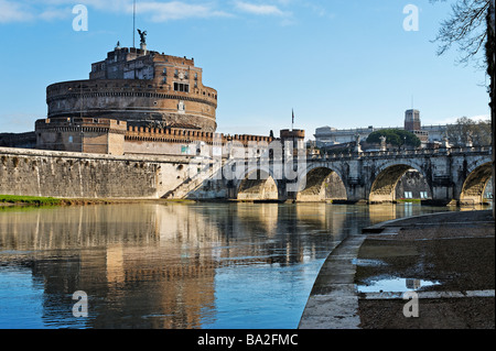 Ponte Sant' Angelo and Castel Sant' Angelo from the east bank of the River Tiber in Rome Italy Stock Photo