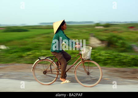 Panning. Street scene. Woman with traditional conical hat riding her bicycle in the countryside. Vietnam Stock Photo