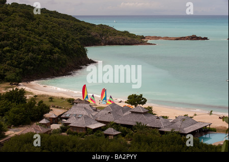 View from Hermitage Bay hotel looking down at the beach and restaurant Stock Photo