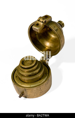 Russian set of weights for balance scale in a case, 19th century. Stock Photo