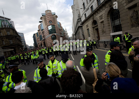Police in formation described as the 'kettle' during G20 protests at Bank of England, London