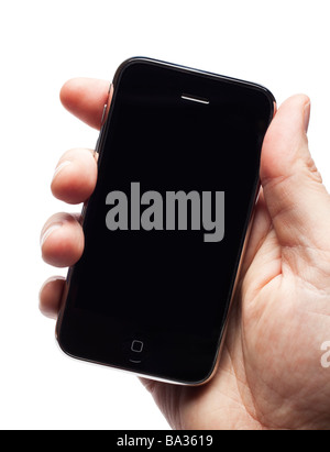Male hand holding iPhone showing blank screen Stock Photo