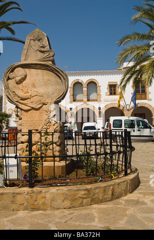 Monument at the Plaza España and Town Hall of Santa Eulalia, Ibiza, Spain. Stock Photo