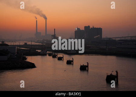 View of Le Havre port from the sea just before sunrise Stock Photo