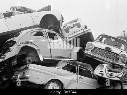 Seventies, black and white photo, traffic, ecology, wrecked cars on a car cemetery Stock Photo