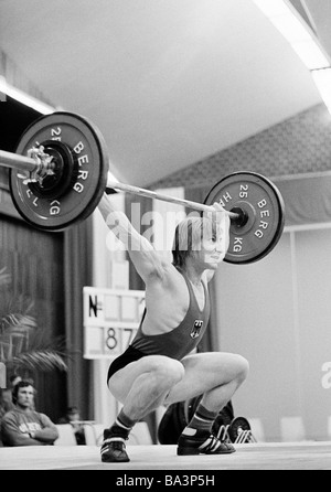 Seventies, black and white photo, sports, weightlifting, EWG Cup 1973, weightlifter, D-Oberhausen, Ruhr area, North Rhine-Westphalia Stock Photo