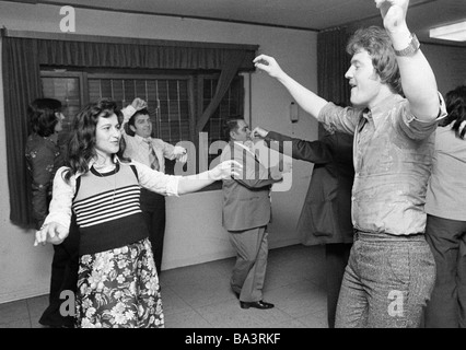 Seventies, black and white photo, people, minorities, guest-workers in Germany, Greeks, dance event, man, aged 25 to 35 years, woman, aged 25 to 35 years, D-Oberhausen, Ruhr area, North Rhine-Westphalia Stock Photo