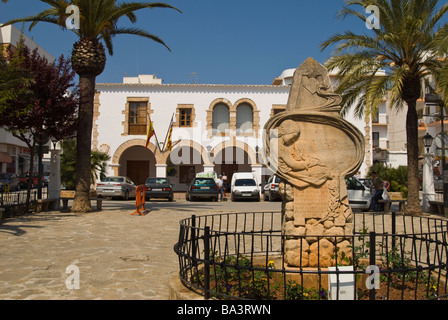 Monument at the Plaza España and Town Hall of Santa Eulalia, Ibiza, Spain. Stock Photo