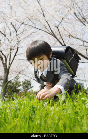Japanese schoolboy holding bag and plucking grass Stock Photo