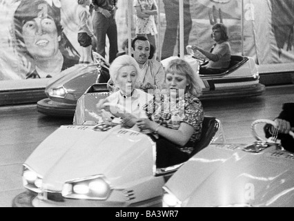 Seventies, black and white photo, people, two women in a dodgem car, kermess, aged 30 to 40 years, 50 to 60 years, Crange Kermess, D-Herne, Ruhr area, North Rhine-Westphalia Stock Photo
