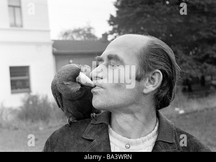 Seventies, black and white photo, human and animal, man will be kissed by a parrot, aged 40 to 50 years, Psittaciformes Stock Photo