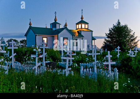 Transfiguration of Our Lord Russian Orthodox Church at dusk in Ninilchik on the Kenai Peninsula in southcentral Alaska Stock Photo