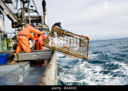 Deckhands lower a baited pot over the deck of the F/V Centurion while cod fishing in Kachemak Bay, Alaska Stock Photo