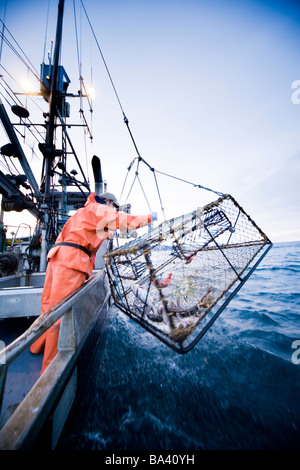 Deckhands lower a baited pot over the deck of the F/V Centurion while cod fishing in Kachemak Bay, Alaska Stock Photo