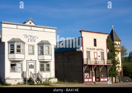 View of historic hotels on Front St. in Dawson City Canada Summer Stock Photo