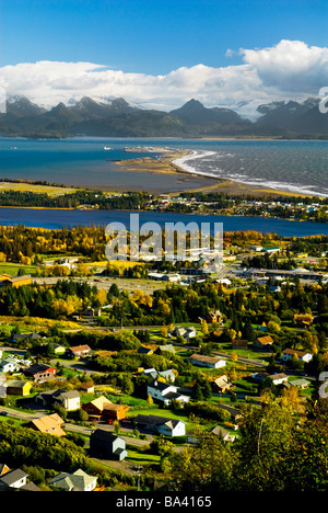 Aerial view over the salt marsh of China Poot Bay and with Kachemak Bay and Homer Spit in the background, Alaska Stock Photo