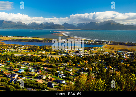 Aerial view over the salt marsh of China Poot Bay and with Kachemak Bay and Homer Spit in the background, Alaska Stock Photo