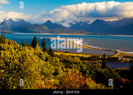 Aerial view over the salt marsh of China Poot Bay and with Kachemak Bay and Homer Spit in the background, Alaska Stock Photo