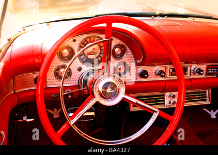 Interior shot of Gleaming red1957 Ford thunderbird convertible, parked on the street in the lakewood area of Dallas. Stock Photo