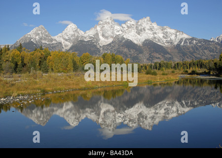 Schwabachers Landing with a full reflection of the Grand Teton Mountain range in the still blue water Stock Photo