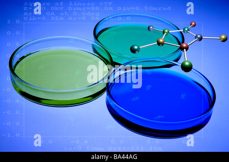 Liquid filled petri dish and molecular structure Stock Photo