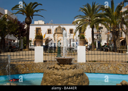 Fountain at the Plaza España and Town Hall of Santa Eulalia, Ibiza, Spain. Stock Photo