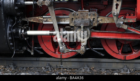 Railroad steam-loco detail wheel wheels cylinders pressure cylinders rail crankshaft drive red Pleuel Pleuelstange enormous Stock Photo