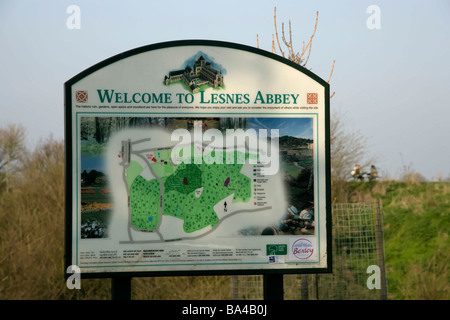 Sign for Lesnes Abbey, Abbeywood, London, UK Stock Photo