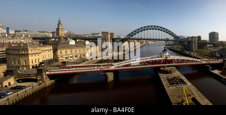 View down the Tyne river and bridges, Newcastle upon Tyne, Gateshead, England. Stock Photo