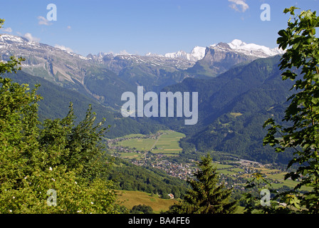 The French Alps looking over the Samoens valley towards the Tete a l Ane ridge and the distant Mont Blanc Stock Photo