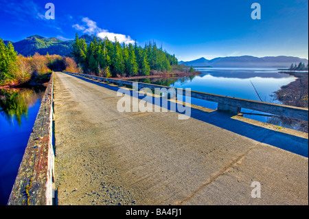 Bridge spanning the Kennedy River with a view towards Kennedy Lake a transition area of the Clayoquot Sound UNESCO Biosphere. Stock Photo