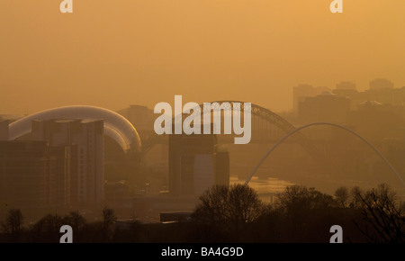 View down the tyne river and bridges at sunset from byker, Newcastle upon tyne, Gateshead, England. Stock Photo