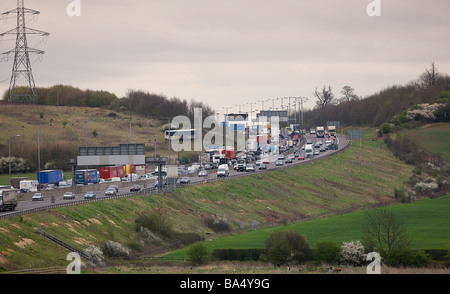 Heavy traffic on the M25 London Orbital motorway in Essex over the Easter Bank Holiday weekend, UK Stock Photo