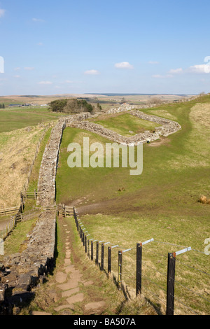 Pennine Way Hadrian's Wall and Cawfields Roman Milecastle on Whin Sill in Northumberland National Park England UK Britain Stock Photo