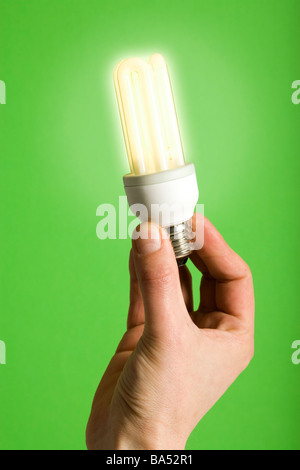 hand holding compact fluorescent lightbulb, no cables attached Stock Photo