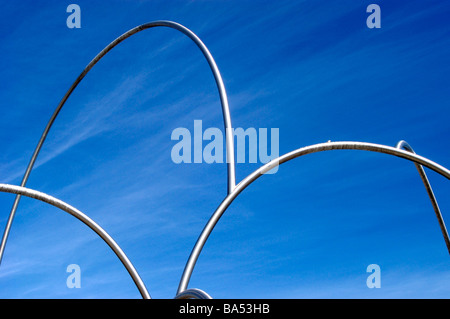 'Ones' sculpture composed of seven steel tubes by artist Andreu Alfaro, Les Drassanes ' Stock Photo