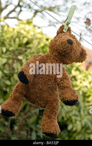 A now clean teddy bear is hung out to dry Stock Photo