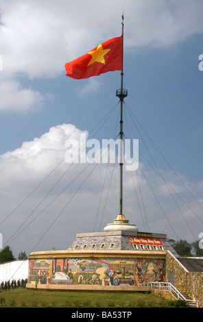 Vietnam flag flying at the former border of North Vietnam and South Vietnam in the Quang Tri Province Vietnam Stock Photo