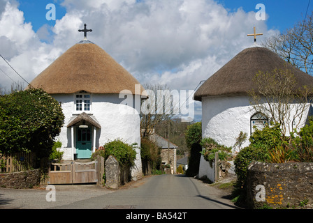 the roundhouses at the entrance to the village of veryan in cornwall,uk Stock Photo