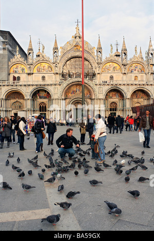 People feeding the pigeons in front of the Basilica in Saint Mark's Square (Piazza San Marco) Venice, Italy. Stock Photo