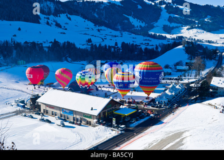 Aerial view of the 2009 International Hot Air Balloon festival at Chateau d'Oex,  Switzerland. Stock Photo