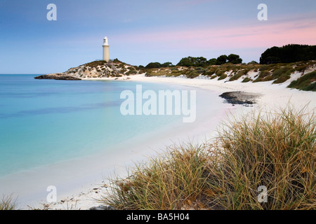 View along Pinky Beach to Bathurst lighthouse at dusk. Rottnest Island, Western Australia, AUSTRALIA Stock Photo