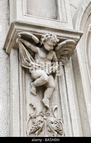 Architectural detail of an angel on the facade of a building on the Upper West Side of Manhattan