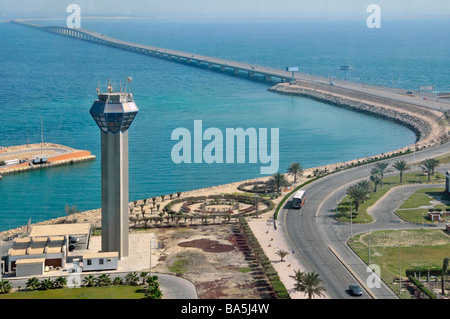 Aerial view services area on King Fahd Causeway linking Bahrain and Saudi Arabia in Persian Gulf looking towards Bahrain from approx 'mid point' Stock Photo