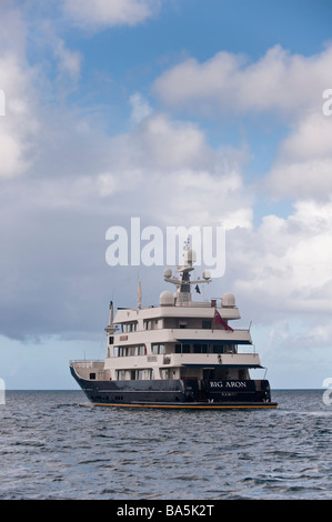 Superyacht 'Big Aron' underway off St Kitts viewed Superyacht 'Big Aron' underway off St Kitts seen from the stern quarter Stock Photo