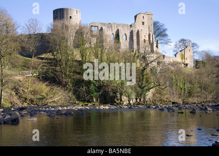 Barnard Castle County Durham England UK March View across River Tees to the ruins of the Norman Castle perched on a rocky crag Stock Photo