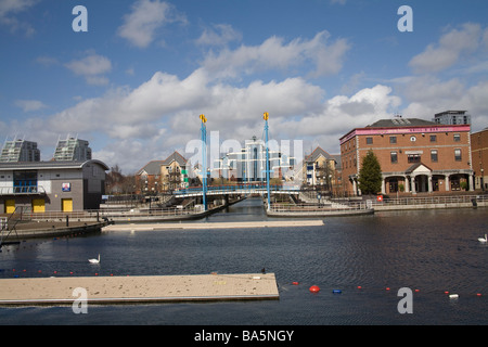 Salford Quays Manchester England UK March View Ontario Basin to Mariners Canal Victoria Harbour and the Watersports Centre Stock Photo