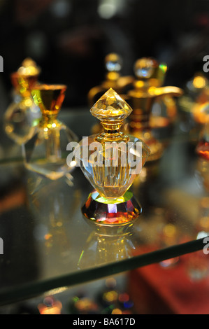 Egypt Aswan ornate perfume bottles on the shelf of a fine perfume factory in Aswan Stock Photo