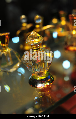 Egypt Aswan ornate perfume bottles on the shelf of a fine perfume factory in Aswan Stock Photo